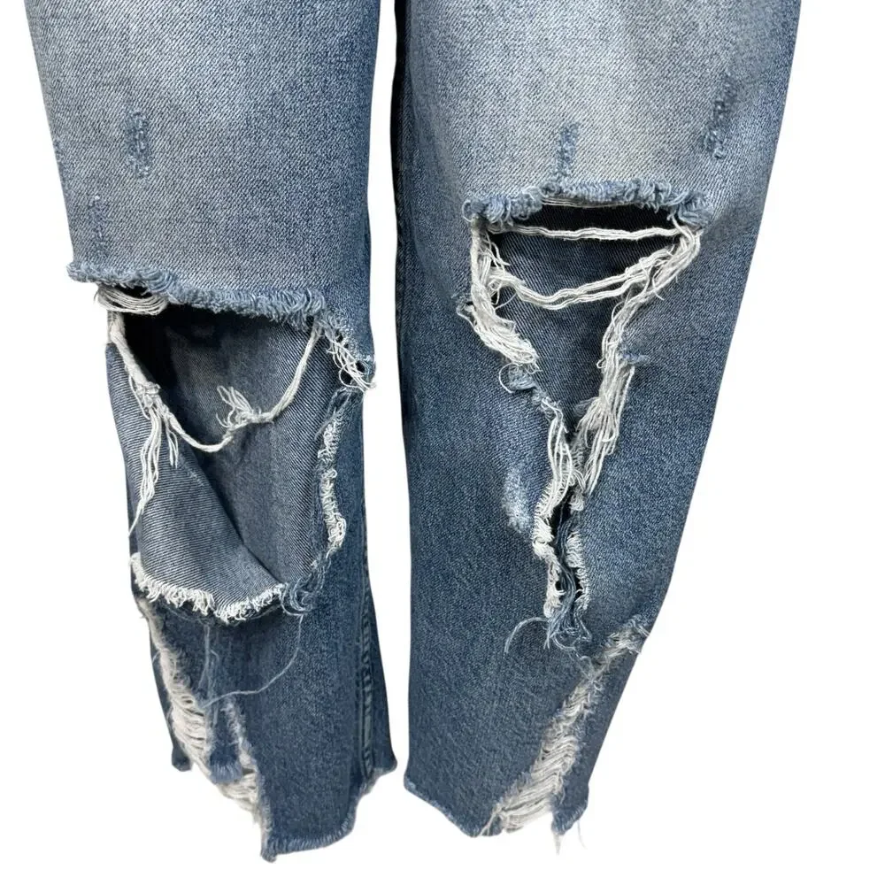 Free People We the Free SZ 26 Cropped Denim Jean Overalls Pockets Distressed